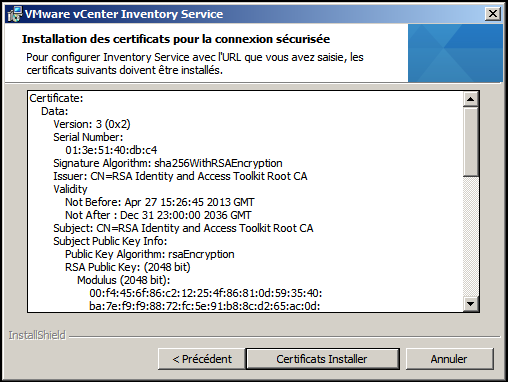 Certificats VMware vCenter Inventory Service