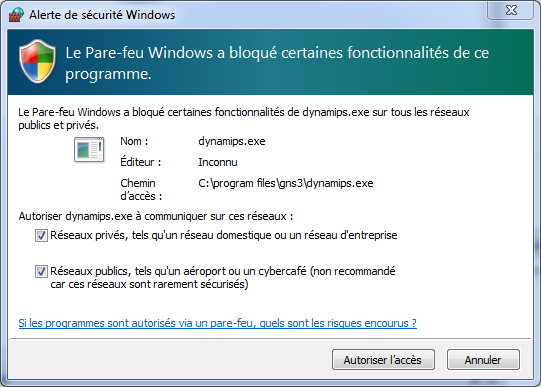 Alerte de sécurité Windows