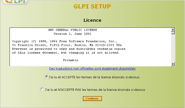 GLPI SETUP Licence