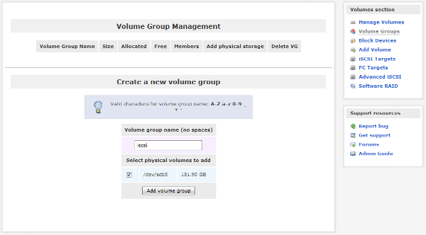 Openfiler - Volume Group Management