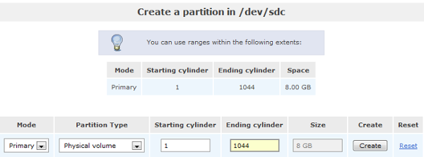 Openfiler Create partition in /dev/sdc