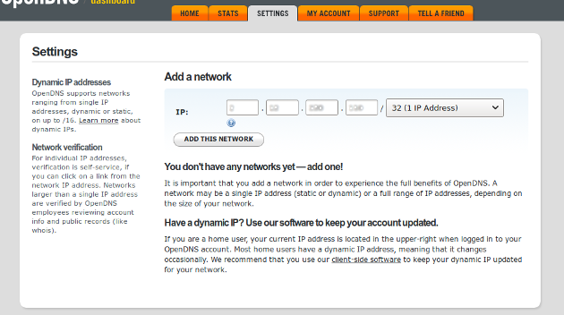 OpenDNS Dashboard - Settings