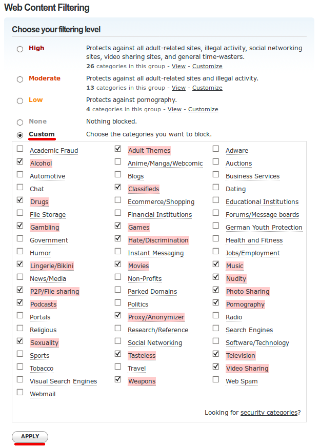 OpenDNS Web Content Filtering