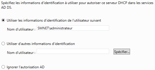 Informations d'identification pour le serveur DHCP