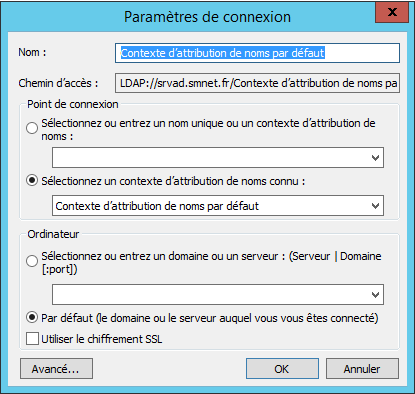 ADSI Paramètres de connexion