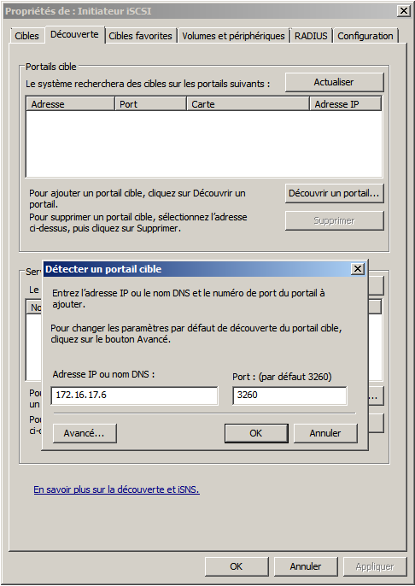 Windows Server 2008 R2 - Propriétés de : Initiateur iSCSI