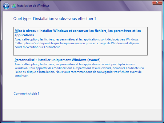 Windows 8 - Type d'installation