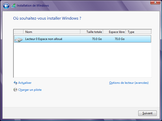 Windows 8 - Choix du lecteur